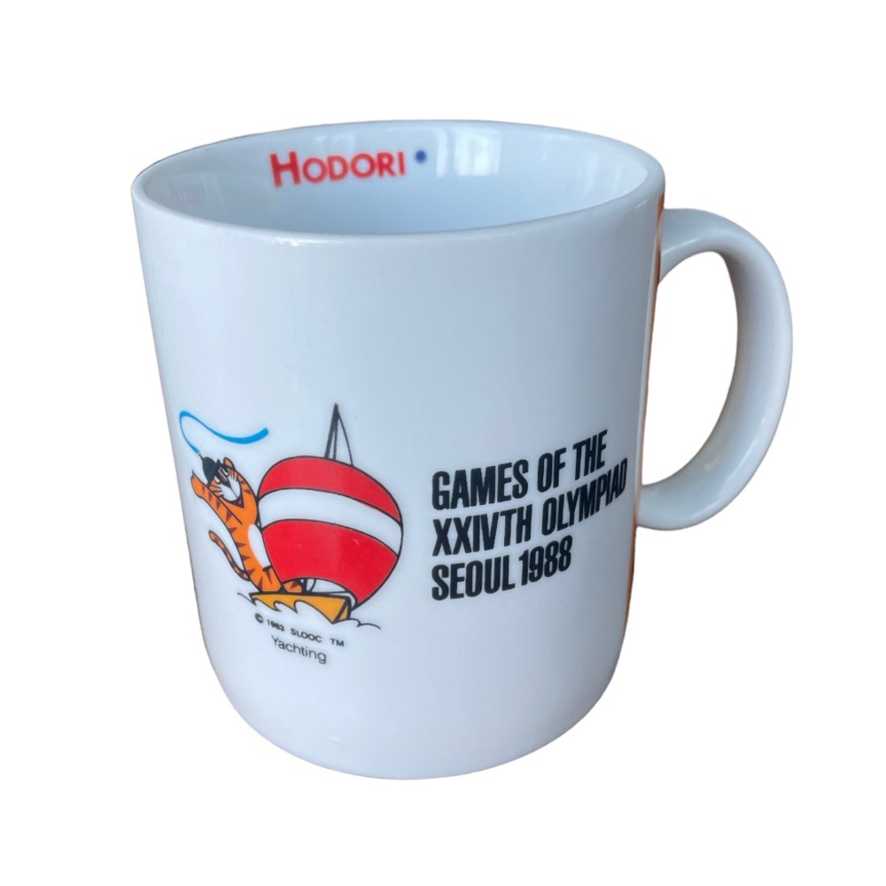 Vintage 1988 Olympic Mug Hodori Tiger Mascot Seoul Korea Yachting Sailing